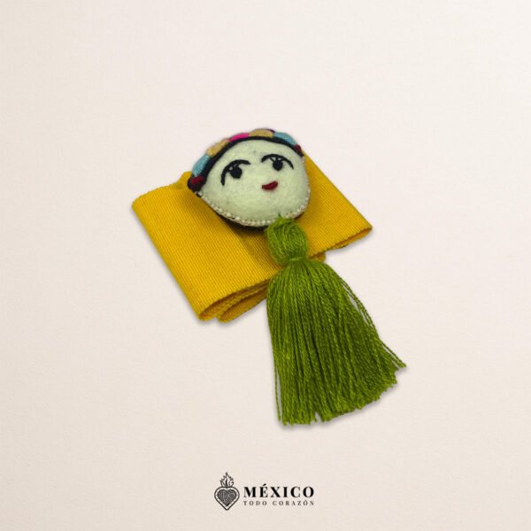 Yellow artisan Mexican waist belt featuring a Mexican doll embellishment in felt appliqué
