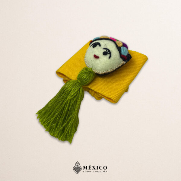 Yellow artisan Mexican waist belt featuring a Mexican doll embellishment in felt appliqué