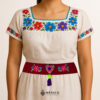Red artisan waist belt featuring floral embroidery and a heart embellishment in multicolor felt
