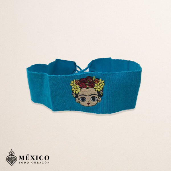 Handcrafted Frida Kahlo Embroidered Mexican Waist Belt – Premium Cyan Blue Faja | México Todo Corazón