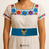 Handcrafted Frida Kahlo Embroidered Mexican Waist Belt – Premium Cyan Blue Faja | México Todo Corazón