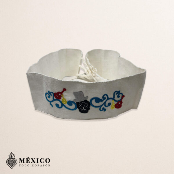 Handcrafted Traditional Musical Calavera Embroidered Mexican Waist Belt – Premium White Faja | México Todo Corazón