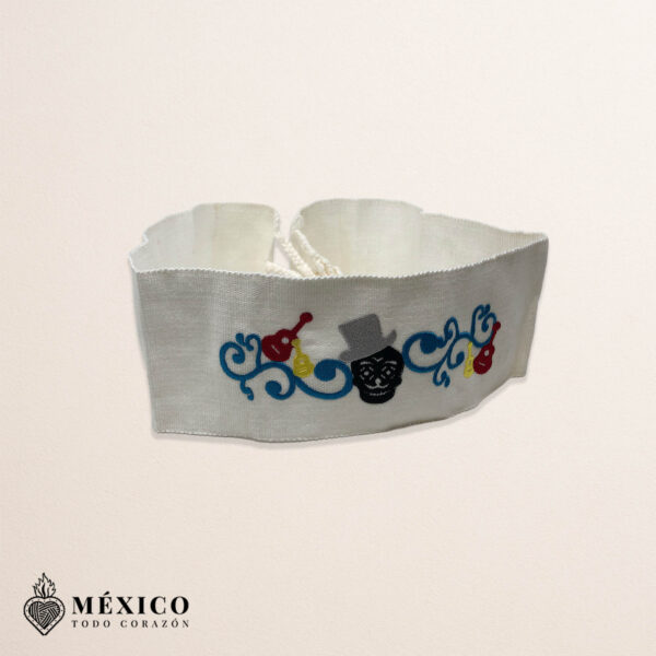 Handcrafted Traditional Musical Calavera Embroidered Mexican Waist Belt – Premium White Faja | México Todo Corazón