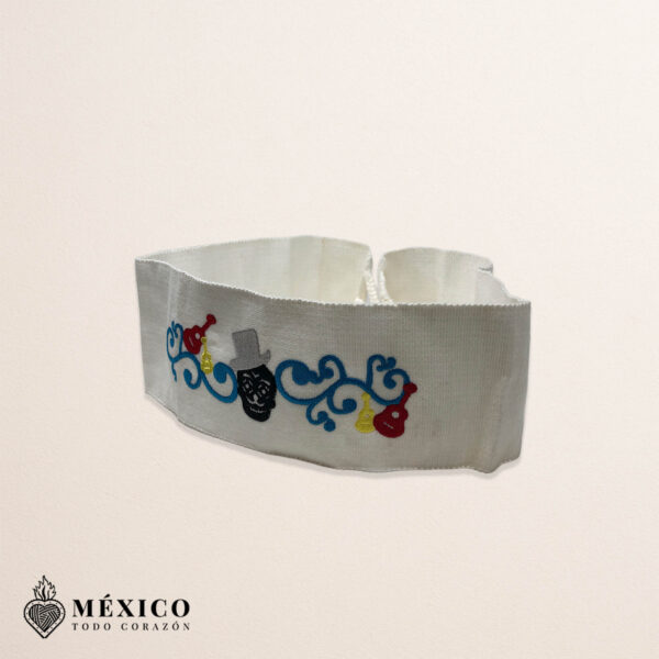 Handcrafted Traditional Musical Calavera Embroidered Mexican Waist Belt – Premium White Faja | México Todo Corazón