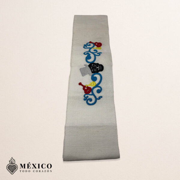 Handcrafted Traditional Musical Calavera Embroidered Mexican Waist Belt – Premium White Faja | México Todo Corazón