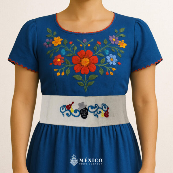 Handcrafted Traditional Musical Calavera Embroidered Mexican Waist Belt – Premium White Faja | México Todo Corazón