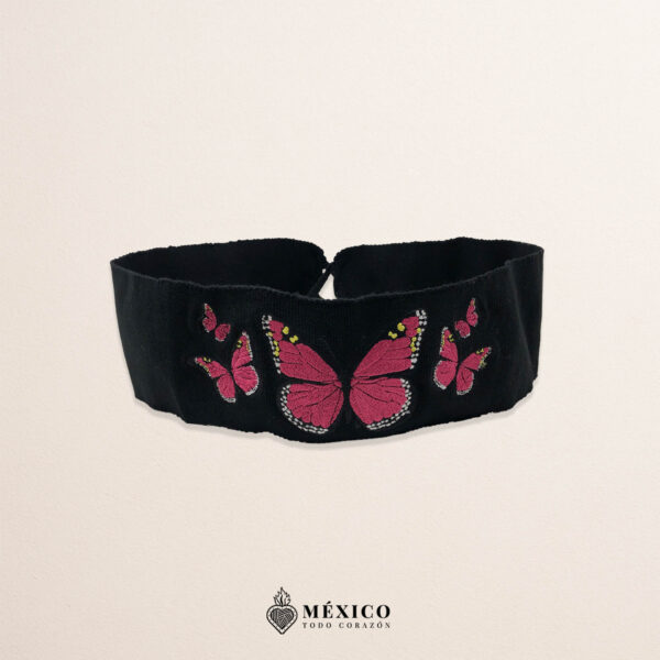 Handcrafted Fuchsia Butterfly Embroidered Mexican Waist Belt – Premium Black Faja | México Todo Corazón