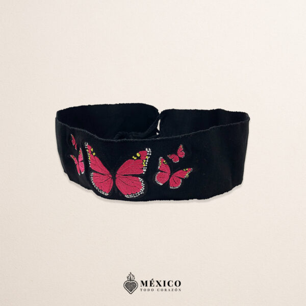 Handcrafted Fuchsia Butterfly Embroidered Mexican Waist Belt – Premium Black Faja | México Todo Corazón
