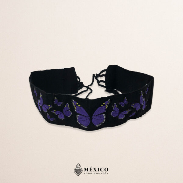 Handcrafted Full Purple Butterflies Embroidered Mexican Waist Belt – Premium Black Faja | México Todo Corazón