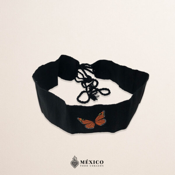 Handcrafted Orange Butterfly Embroidered Mexican Waist Belt – Premium Black Faja | México Todo Corazón