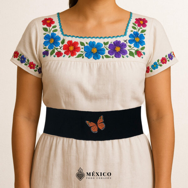 Handcrafted Orange Butterfly Embroidered Mexican Waist Belt – Premium Black Faja | México Todo Corazón