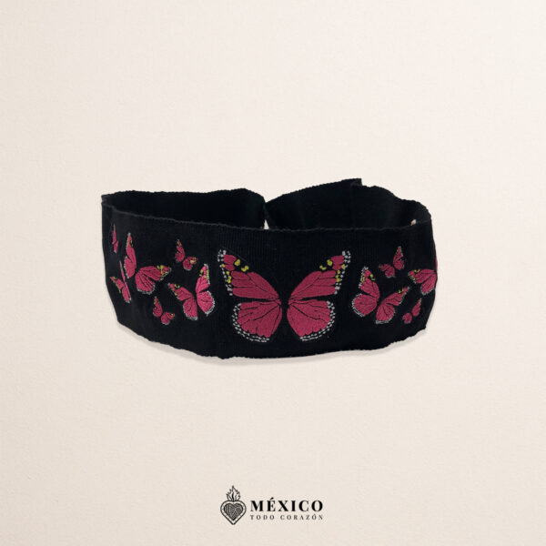 Handcrafted Full Fuchsia Butterflies Embroidered Mexican Waist Belt – Premium Black Faja | México Todo Corazón