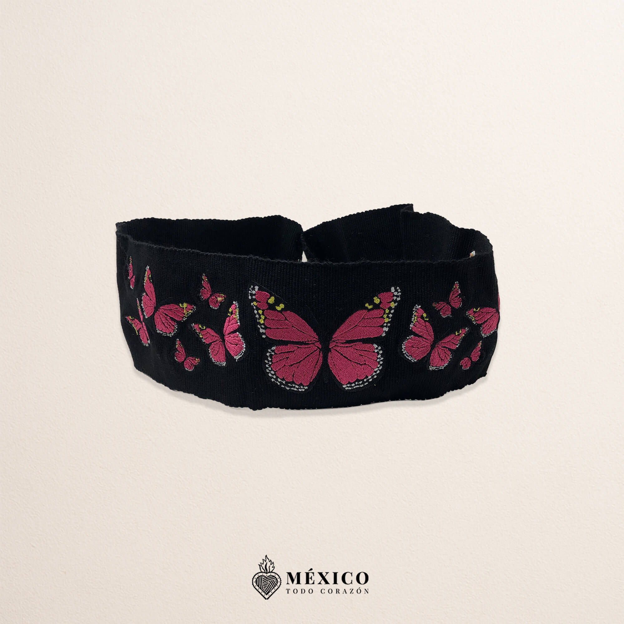 Handcrafted Full Fuchsia Butterflies Embroidered Mexican Waist Belt – Premium Black Faja | México Todo Corazón