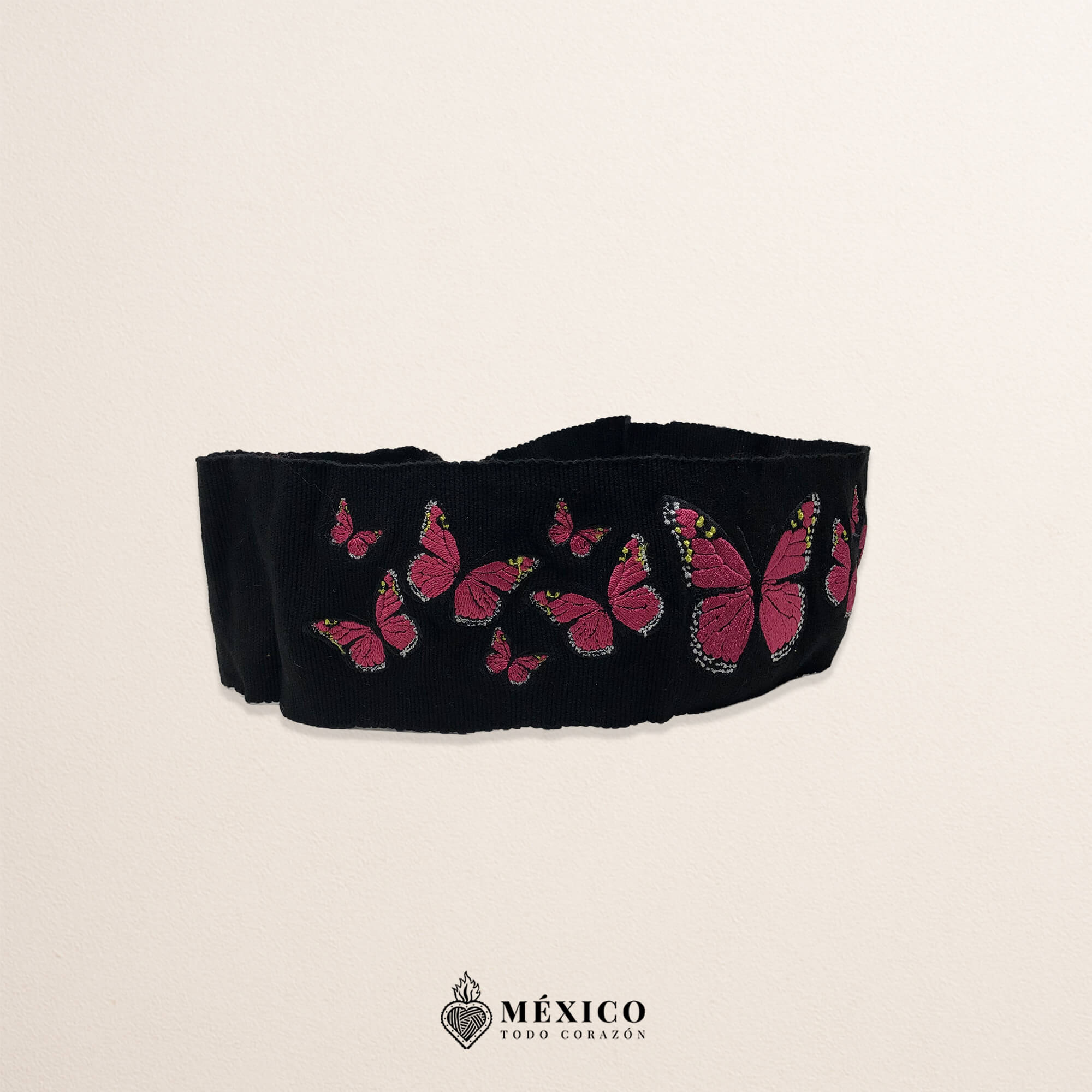 Handcrafted Full Fuchsia Butterflies Embroidered Mexican Waist Belt – Premium Black Faja | México Todo Corazón