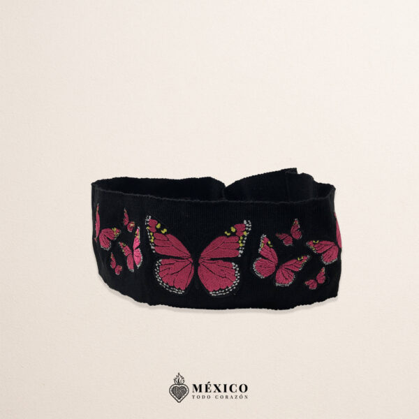 Handcrafted Full Fuchsia Butterflies Embroidered Mexican Waist Belt – Premium Black Faja | México Todo Corazón