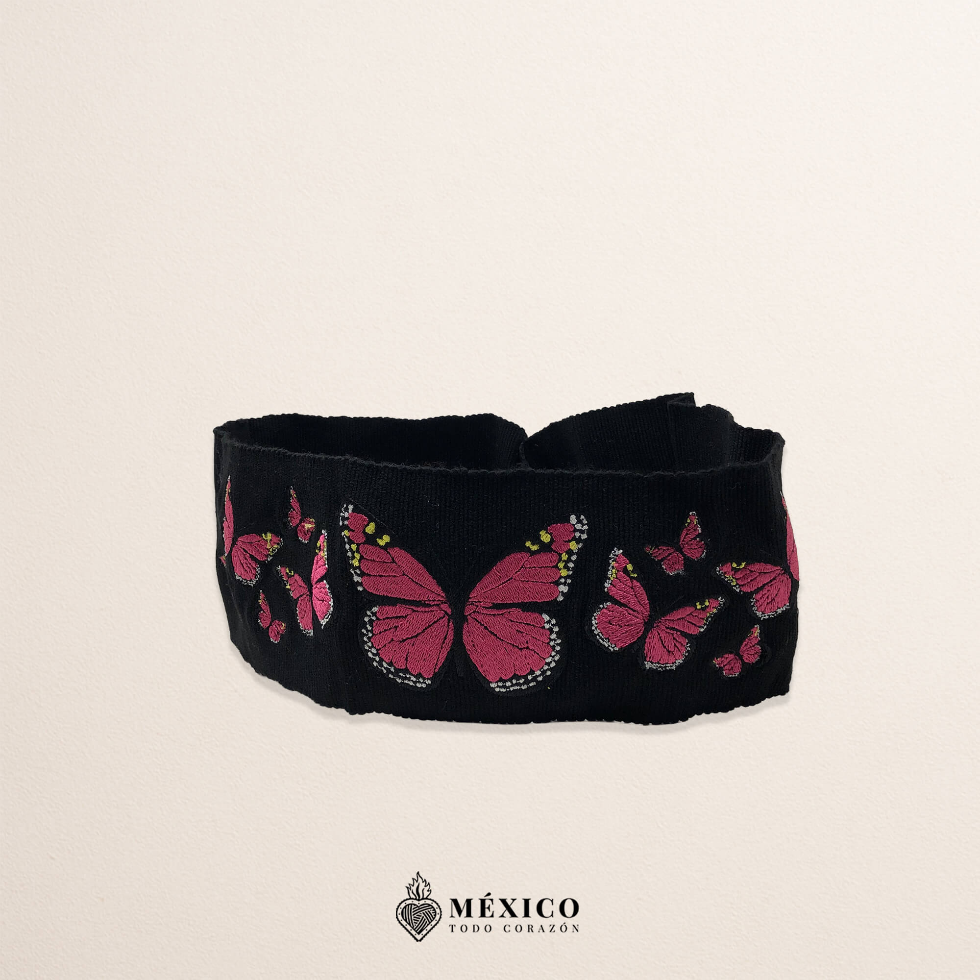 Handcrafted Full Fuchsia Butterflies Embroidered Mexican Waist Belt – Premium Black Faja | México Todo Corazón