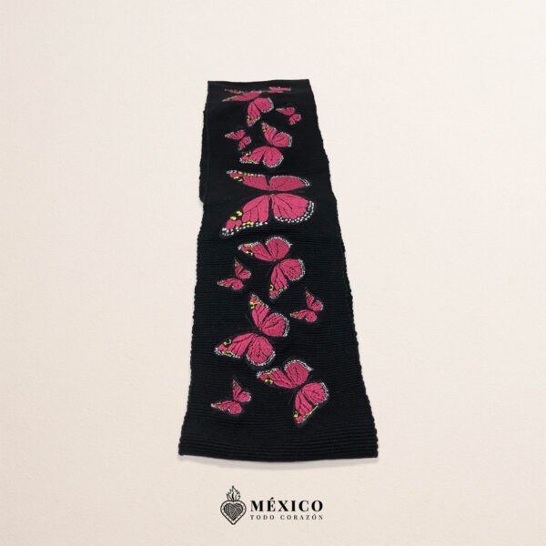 Handcrafted Full Fuchsia Butterflies Embroidered Mexican Waist Belt – Premium Black Faja | México Todo Corazón