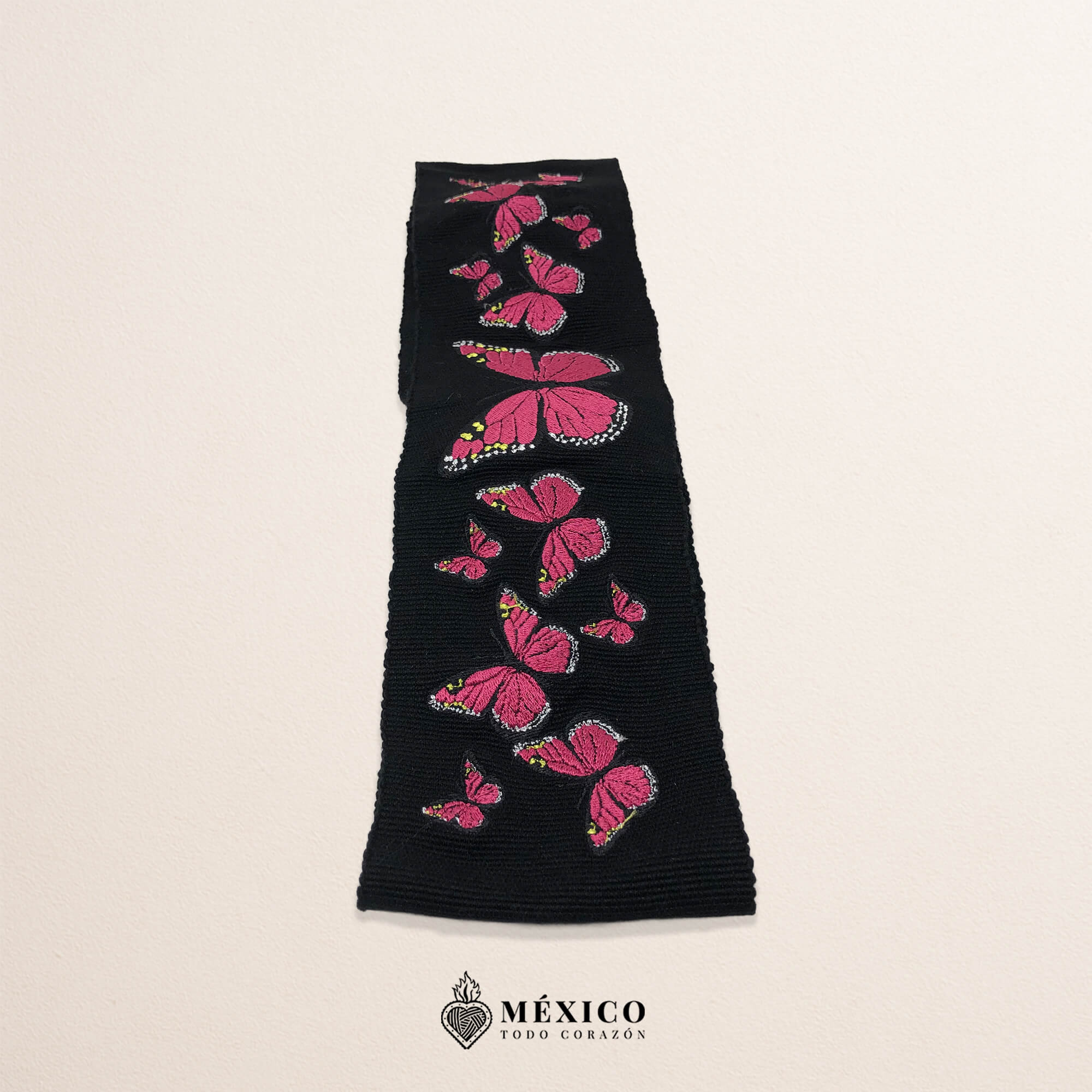 Handcrafted Full Fuchsia Butterflies Embroidered Mexican Waist Belt – Premium Black Faja | México Todo Corazón