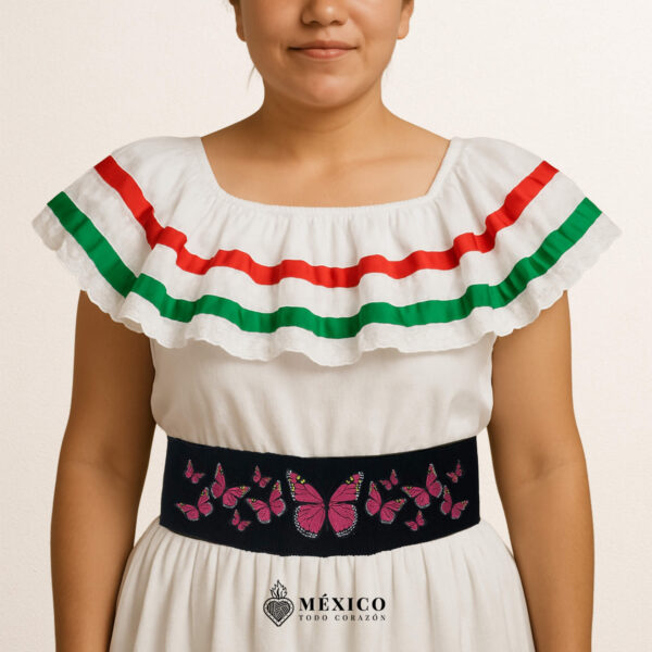 Handcrafted Full Fuchsia Butterflies Embroidered Mexican Waist Belt – Premium Black Faja | México Todo Corazón