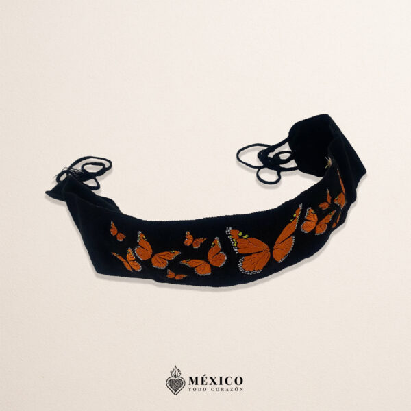 Handcrafted Full Orange Monarch Butterfly Embroidered Mexican Waist Belt – Premium Black Faja