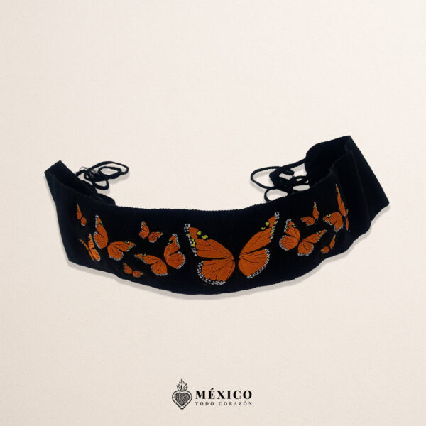 Handcrafted Full Orange Monarch Butterfly Embroidered Mexican Waist Belt – Premium Black Faja
