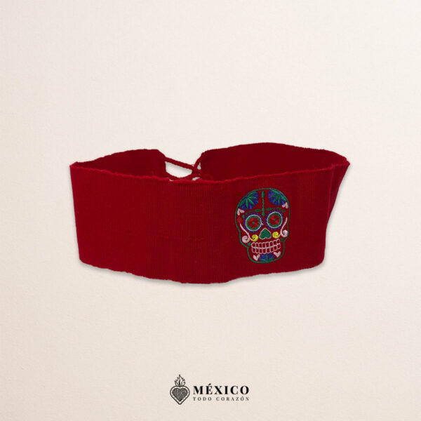 Handcrafted red Mexican waist belt (faja) featuring colorful sugar skull embroidery
