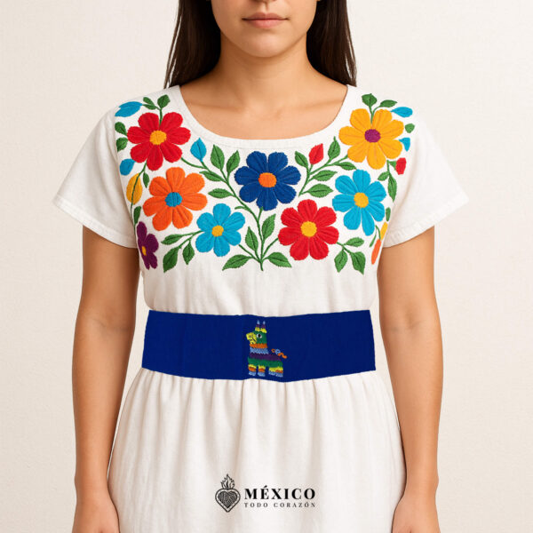 Handcrafted blue Mexican waist belt (faja) featuring an embroidered donkey piñata design