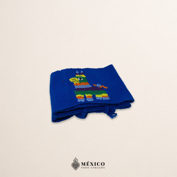 Handcrafted blue Mexican waist belt (faja) featuring an embroidered donkey piñata design