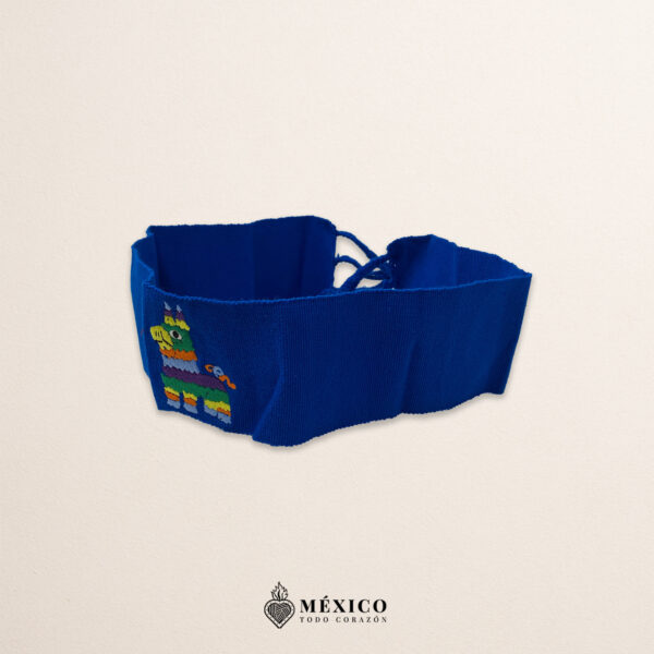 Handcrafted blue Mexican waist belt (faja) featuring an embroidered donkey piñata design