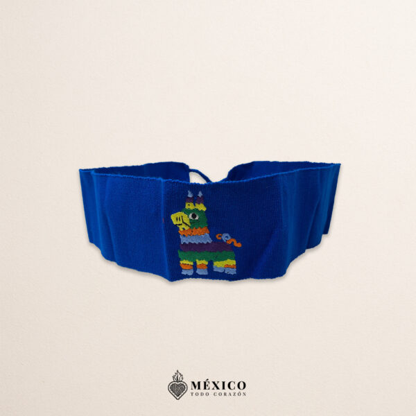 Handcrafted blue Mexican waist belt (faja) featuring an embroidered donkey piñata design