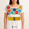 Handcrafted yellow faja waist belt featuring traditional Mexican doll embroidery