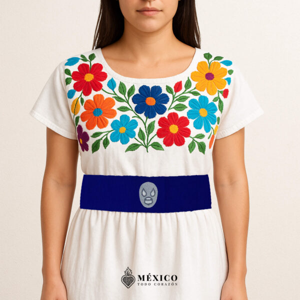 Handcrafted blue faja Mexican waist belt featuring an embroidered luchador mask design