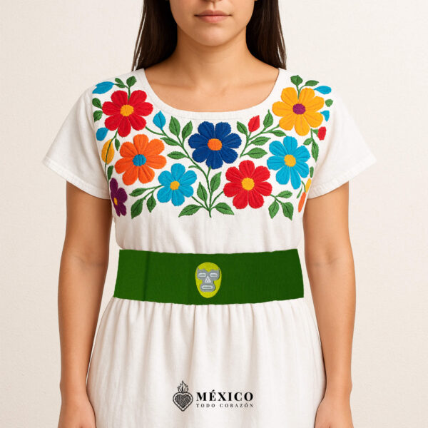 Handcrafted green faja Mexican waist belt featuring an embroidered luchador mask design