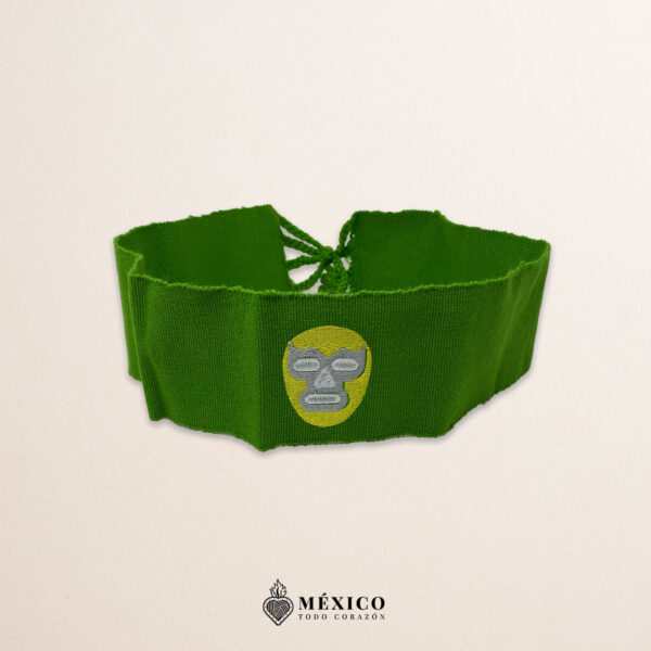 Handcrafted green faja Mexican waist belt featuring an embroidered luchador mask design