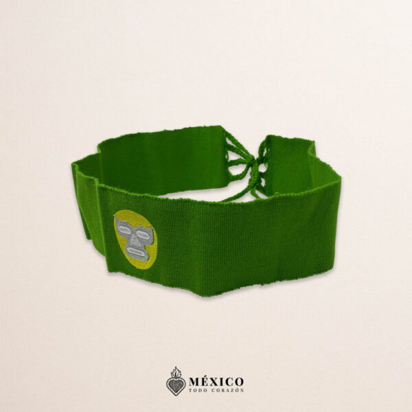 Handcrafted green faja Mexican waist belt featuring an embroidered luchador mask design