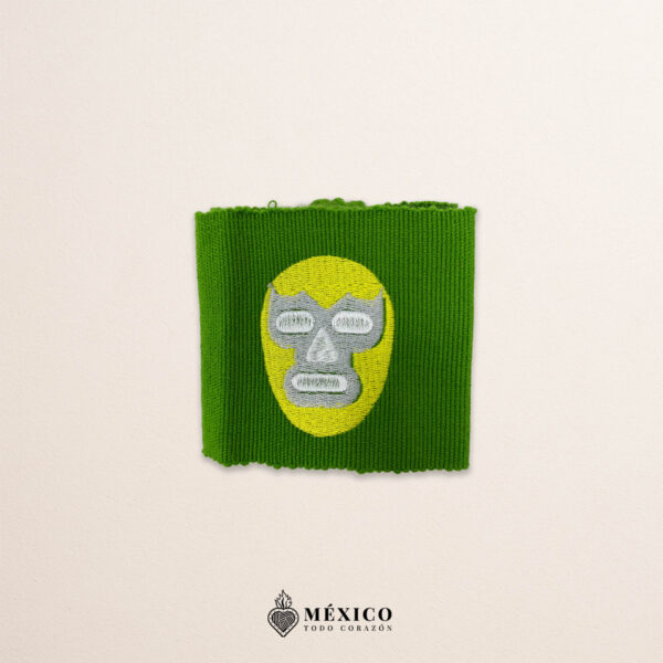 Handcrafted green faja Mexican waist belt featuring an embroidered luchador mask design