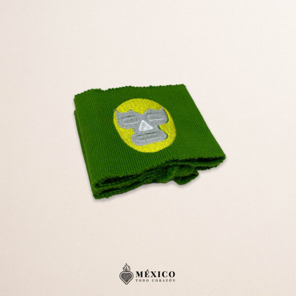 Handcrafted green faja Mexican waist belt featuring an embroidered luchador mask design