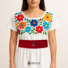 Handcrafted red Mexican waist belt (faja) featuring mini colorful sugar skull embroidery