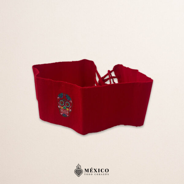 Handcrafted red Mexican waist belt (faja) featuring mini colorful sugar skull embroidery