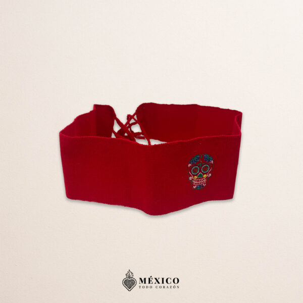 Handcrafted red Mexican waist belt (faja) featuring mini colorful sugar skull embroidery
