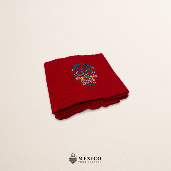 Handcrafted red Mexican waist belt (faja) featuring mini colorful sugar skull embroidery