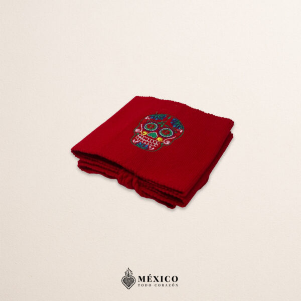Handcrafted red Mexican waist belt (faja) featuring mini colorful sugar skull embroidery