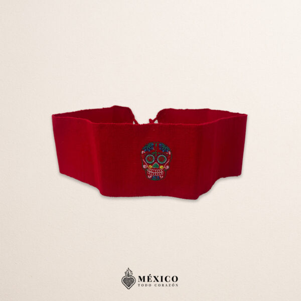 Handcrafted red Mexican waist belt (faja) featuring mini colorful sugar skull embroidery