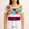 Handcrafted wine red faja Mexican waist belt featuring colorful sugar skull embroidery