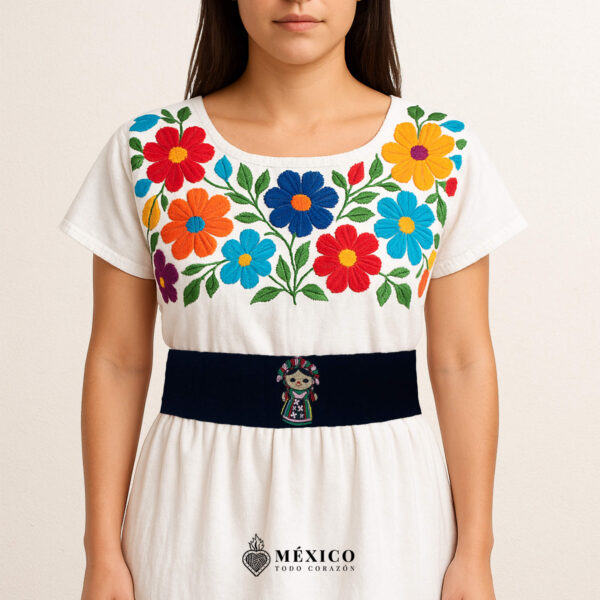 Handcrafted black faja Mexican waist belt featuring traditional Mexican doll embroidery