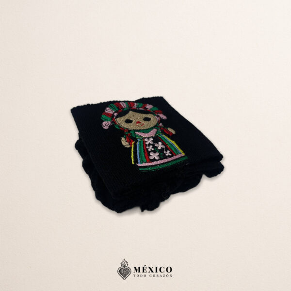 Handcrafted black faja Mexican waist belt featuring traditional Mexican doll embroidery