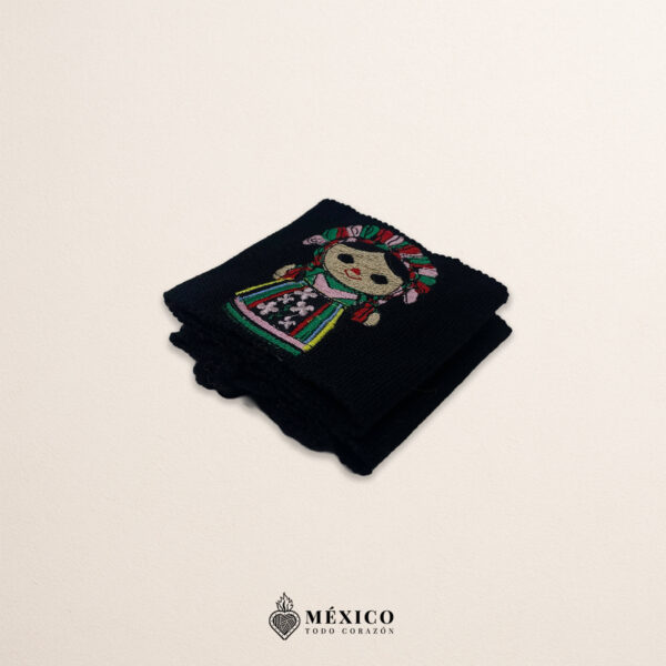 Handcrafted black faja Mexican waist belt featuring traditional Mexican doll embroidery