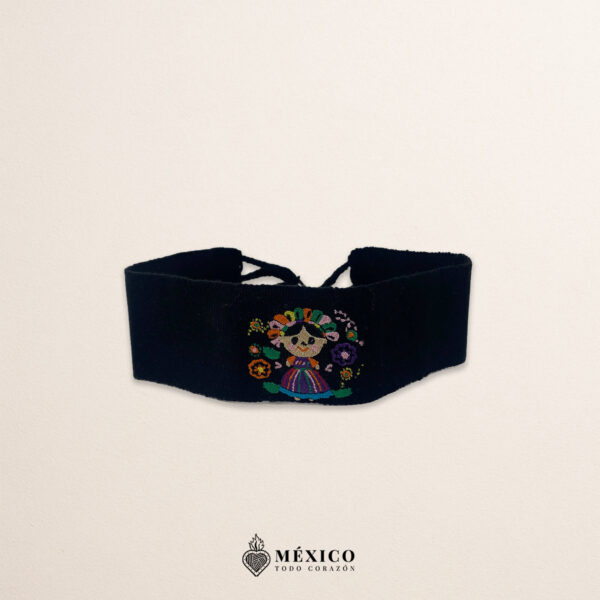 Handcrafted black faja mini Mexican waist belt featuring traditional Mexican doll embroidery
