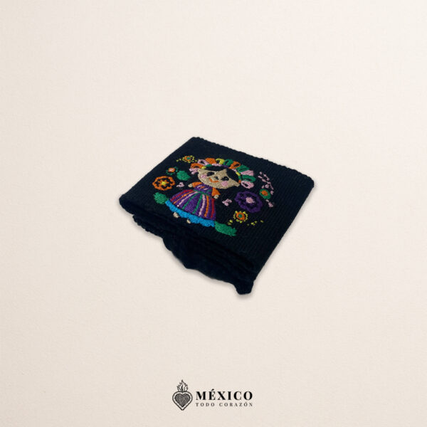 Handcrafted black faja mini Mexican waist belt featuring traditional Mexican doll embroidery