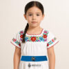 Handcrafted light blue faja Mexican waist belt featuring mini Mexican doll embroidery